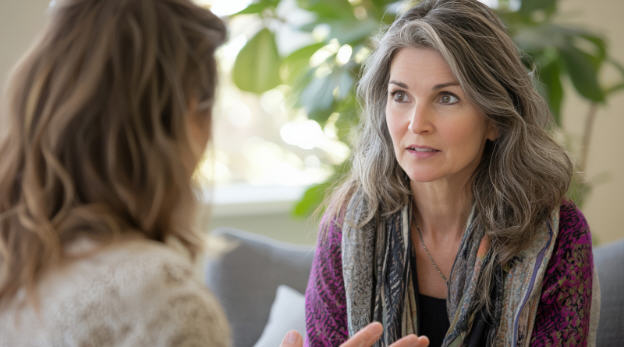 Confident woman in her fifties talking with a therapist or friend in a warm, supportive setting — representing open conversations about sexuality after menopause.