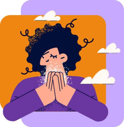 Illustration of a person sneezing or coughing into their hands, with clouds and a colorful background at metlemetlik